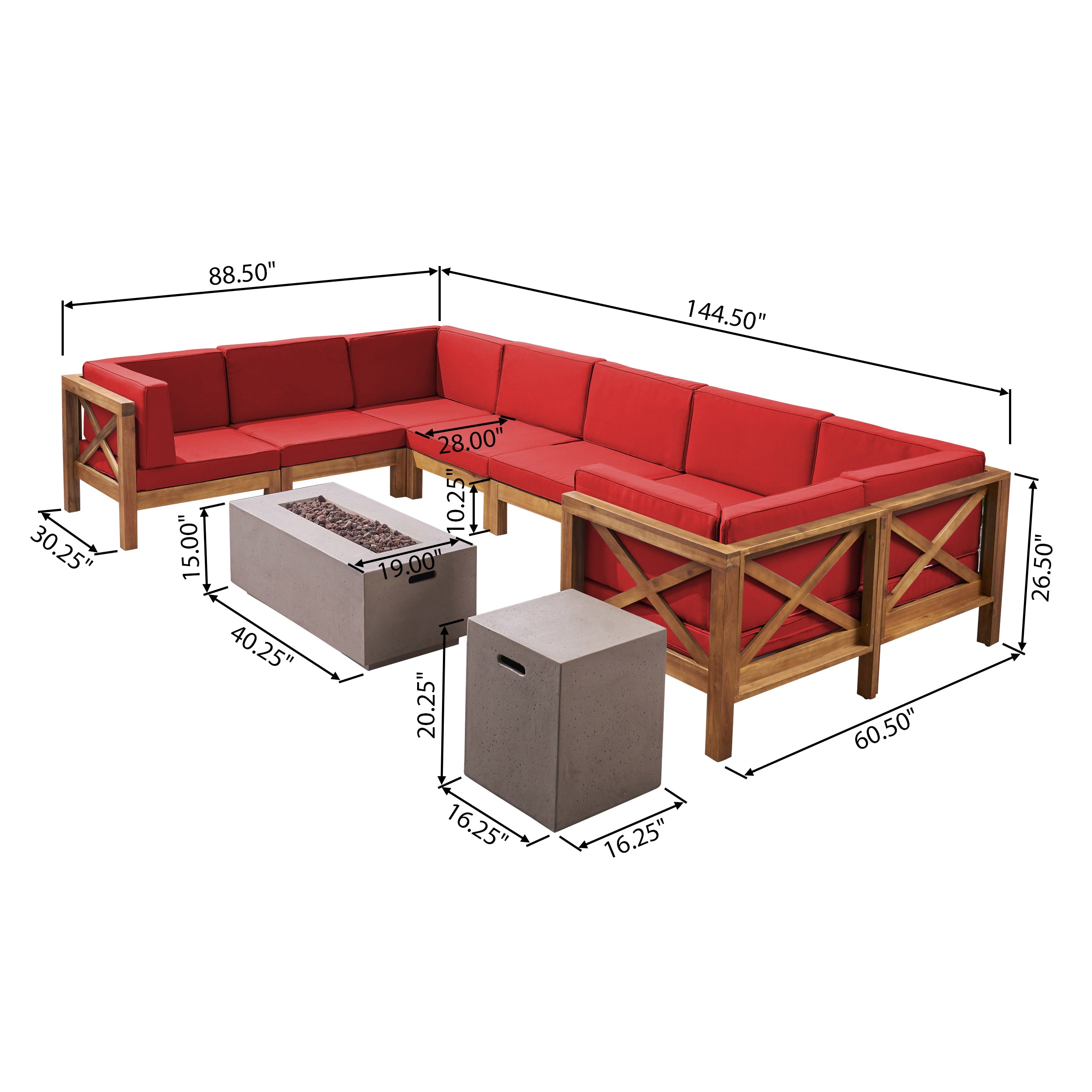 Cynthia Outdoor Acacia Wood 8 Seater U-Shaped Sectional Sofa Set with Fire Pit