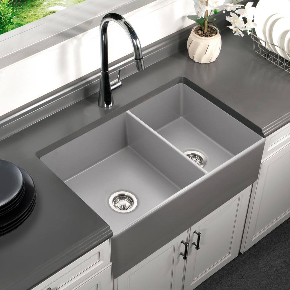 HOUZER Grey Fireclay 33 in. Double Bowl Farmhouse Apron Front Kitchen Sink PTD-6040 GR