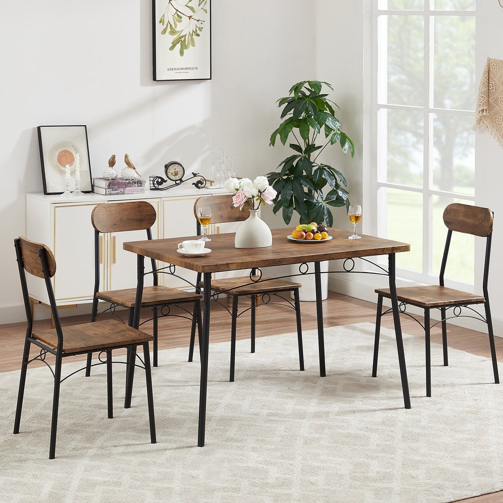 VECELO Dining Table Set  Kitchen Table with 4 Chairs  Metal and Wood Rectangular 5 Piece Dining Table