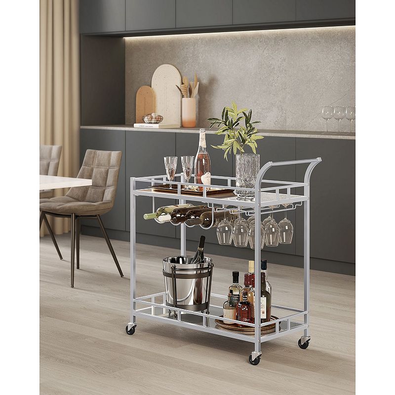 Home Bar Serving Cart， Wine Cart with 2 Mirrored Shelves， Wine Holders， Glass Holders， for Kitchen