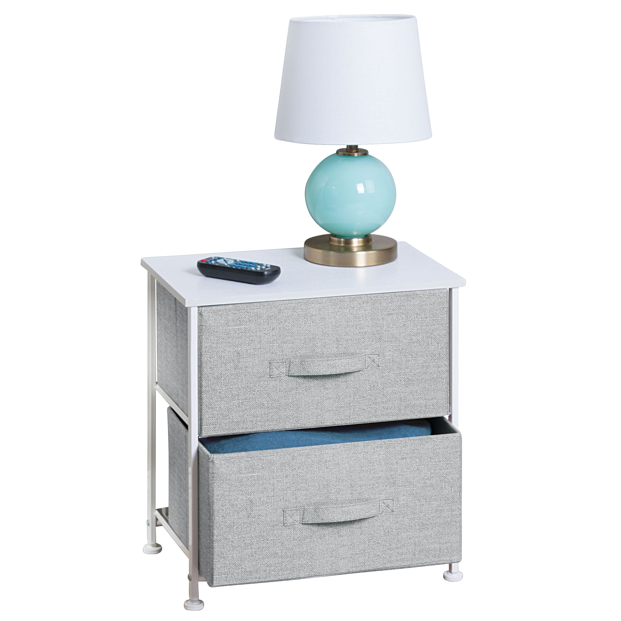 mDesign Small Storage Dresser End/Side Table Night Stand with 2 Removable Fabric Drawers - Organizer for Bedroom, Living Room, Closet - Hold Clothes, Linens, Accessories, Lido Collection, Gray/White