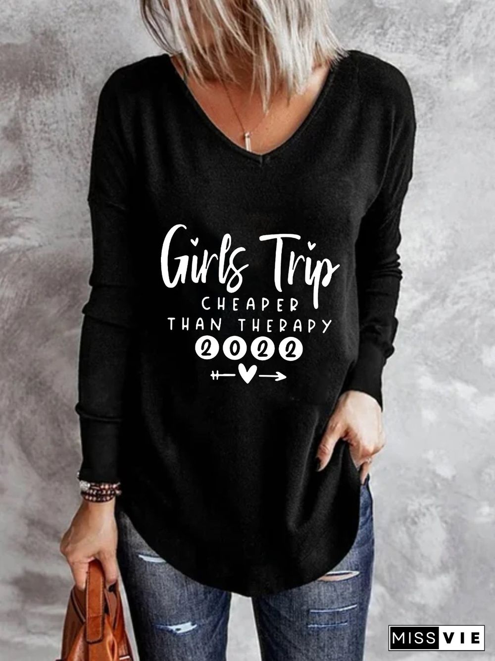 Casual Long Sleeve V Neck Printed Tunic Tops T-shirts