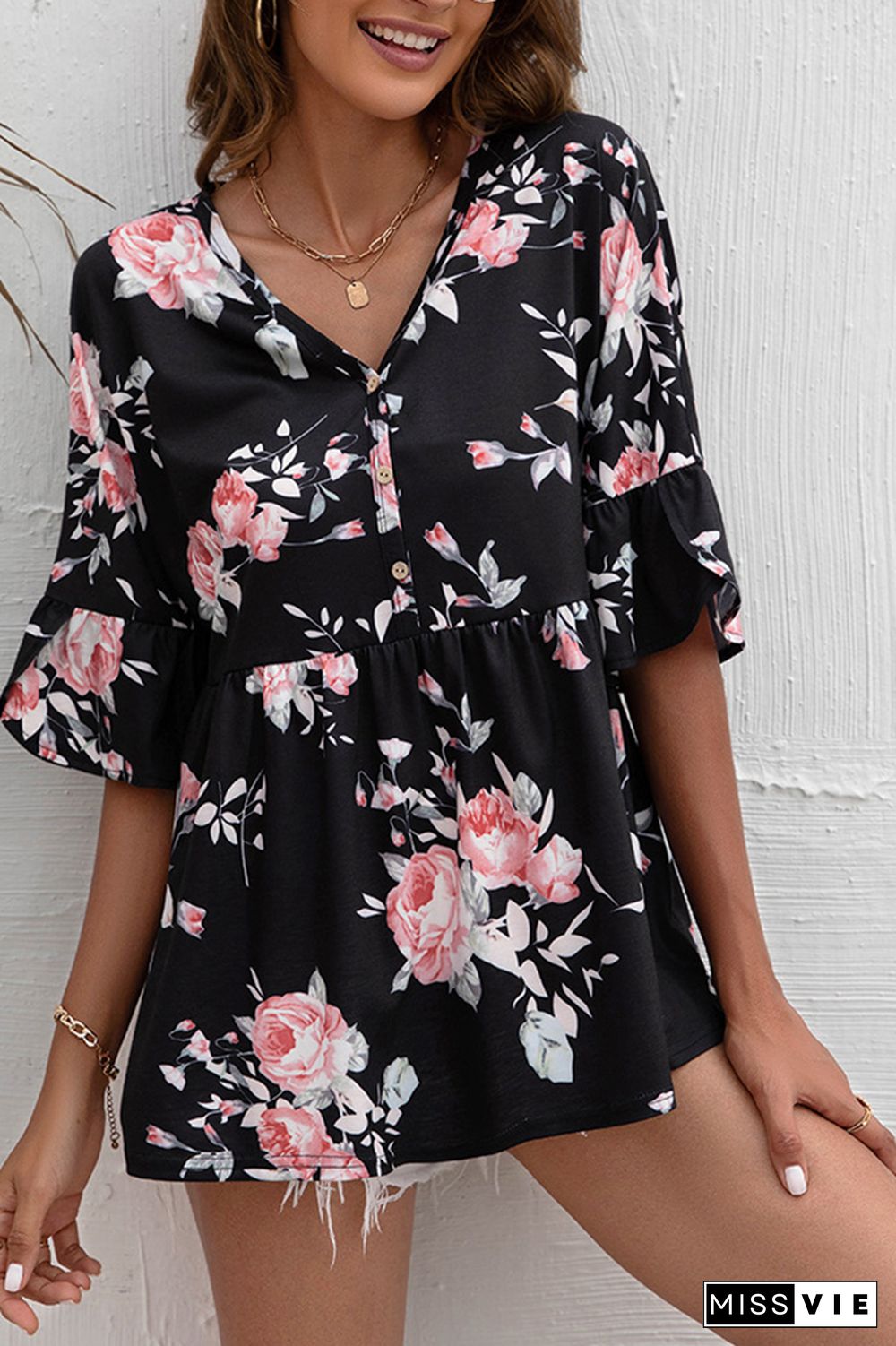 Floral Print V Neck Button Ruffle Blouse Wholesale