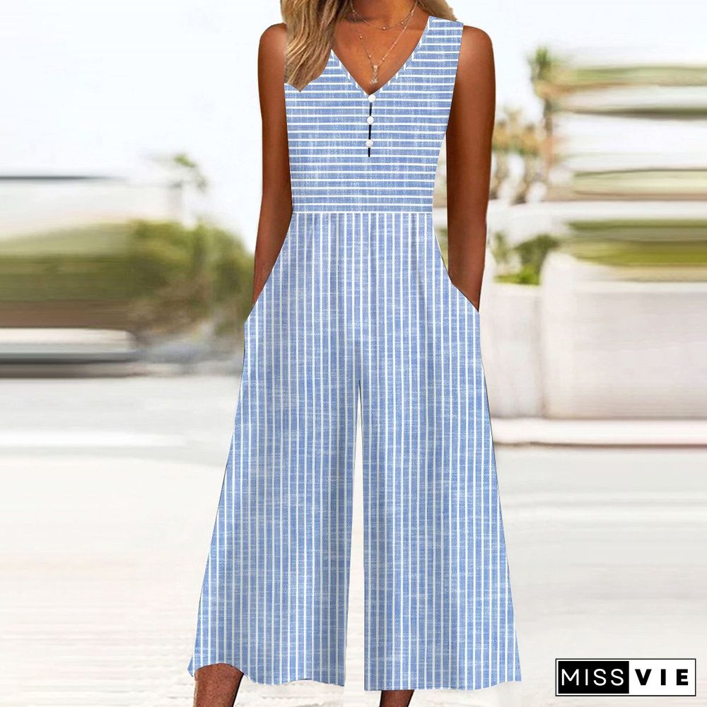 Blue Striped Sleeveless Jumpsuit