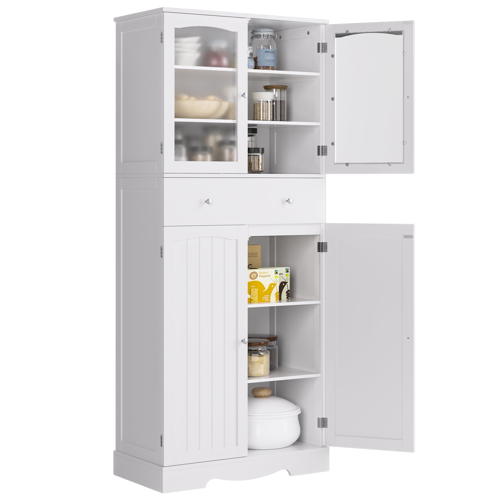 Homfa Tall Kitchen Pantry with 4 Doors， Free Standing Storage Cabinet for Dining Room， White