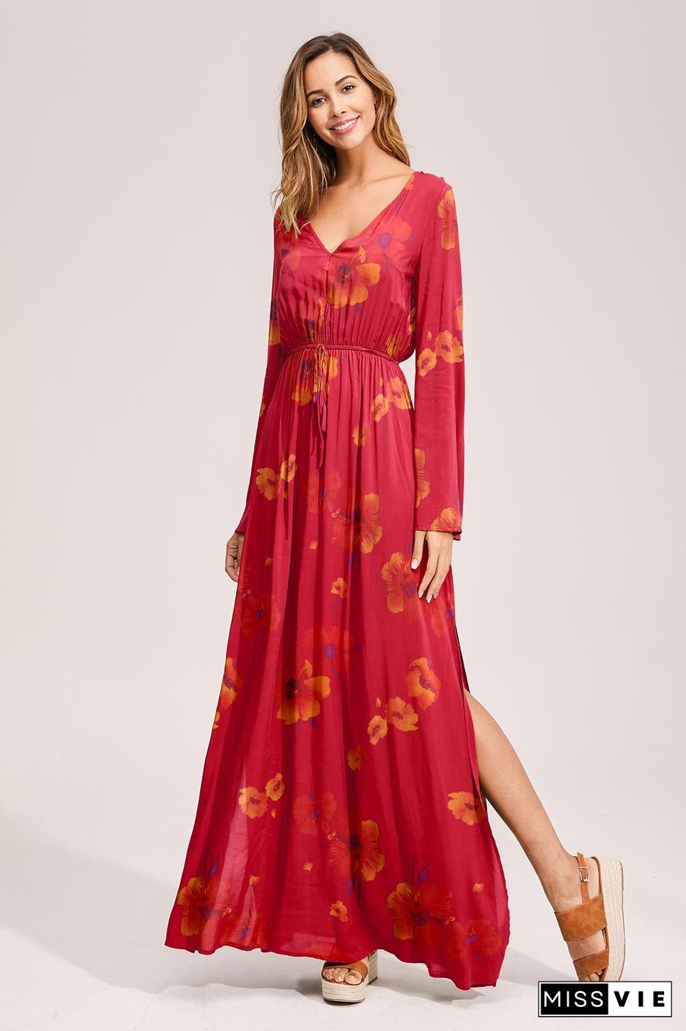 Floral Deep Long Sleeves Tie Back Ruffled Hem Maxi Dress