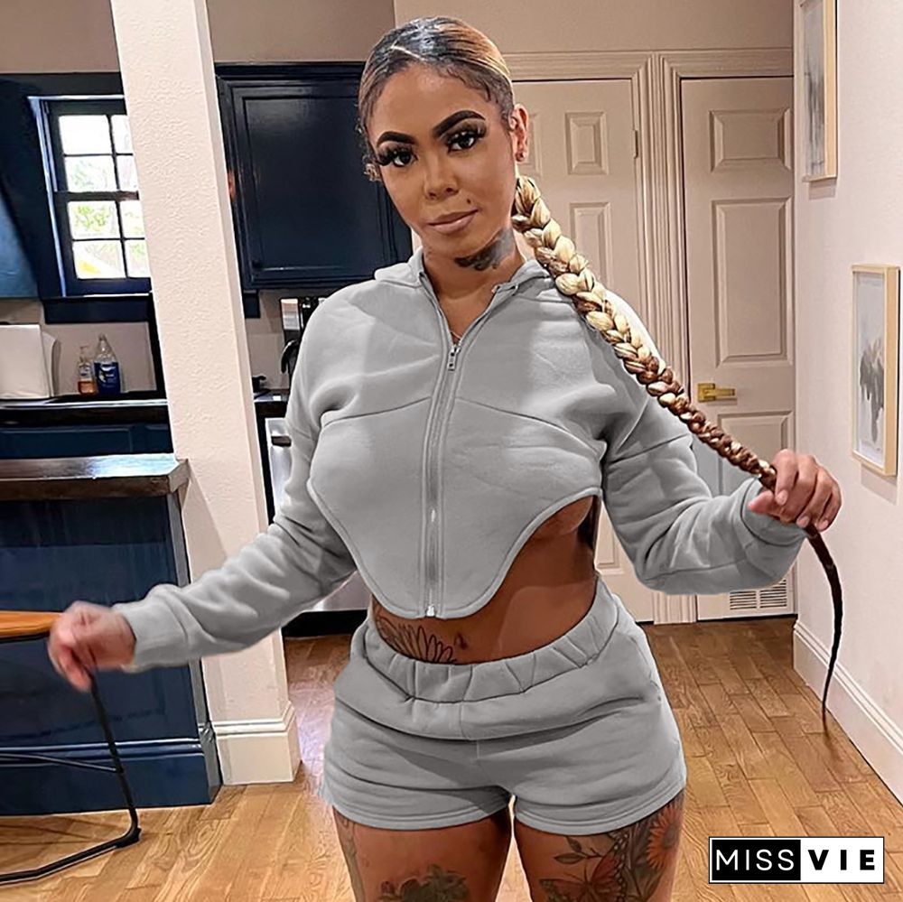 Sportswear Zipper Hoodie Crop Top and Shorts Set