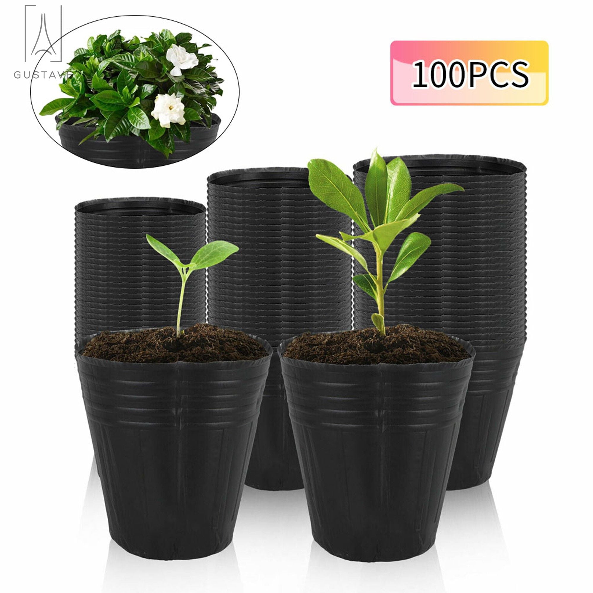 Gustave 100 Pack Plastic Seedlings Pots, Garden Nursery Pot Flower Plant Container for Indoor Outdoor Seedlings, Vegetables (2.56