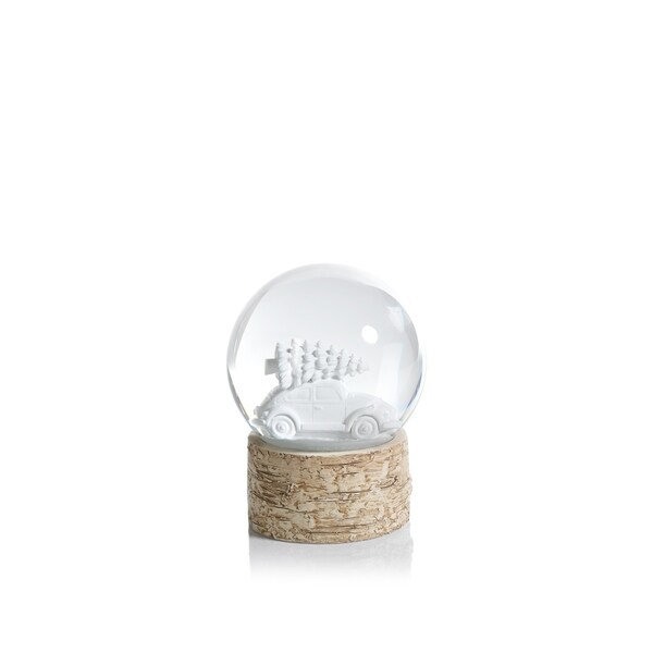 5.75 Tall Snow Globe on Birch，White Tree on a Car Sculpture，White and Beige