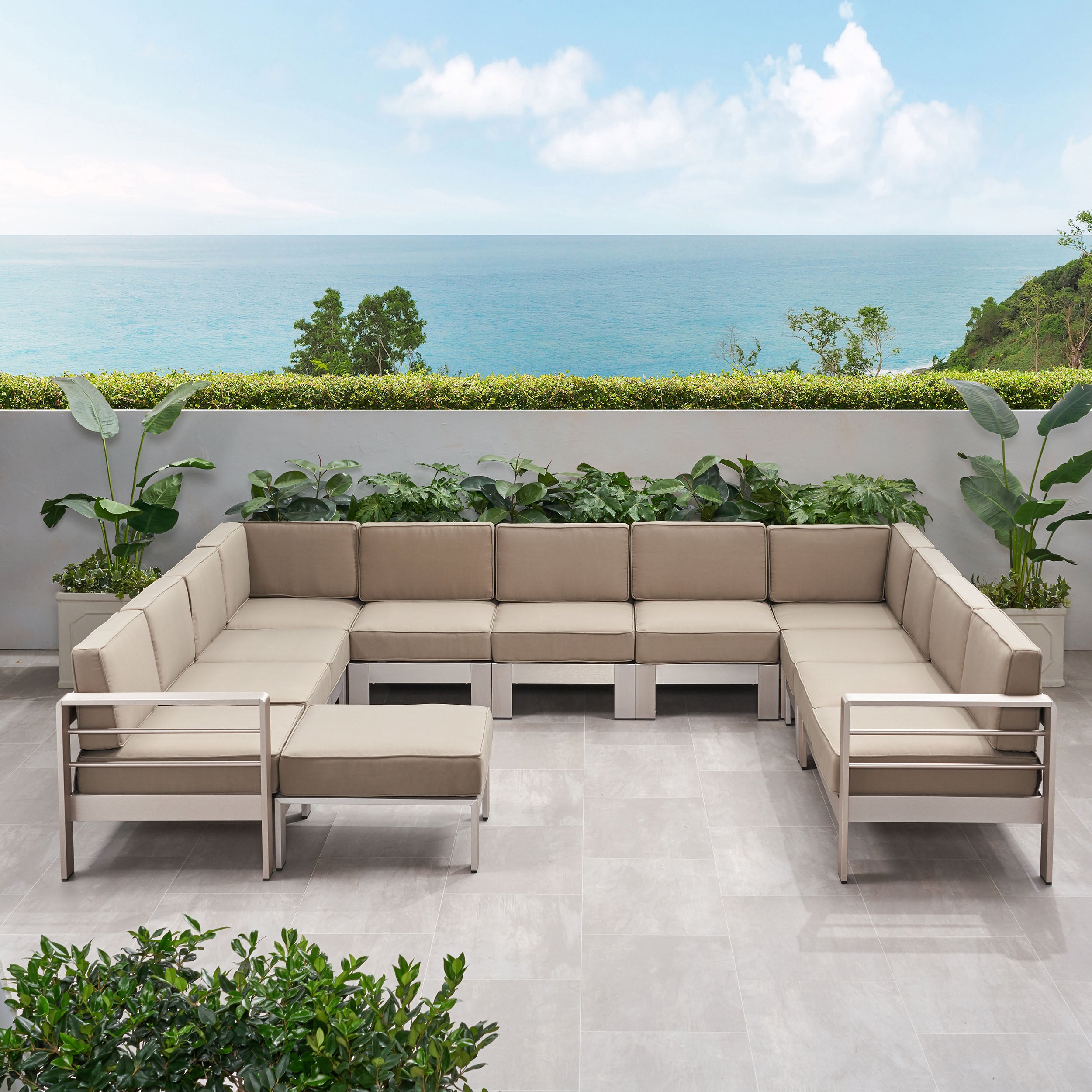 Freda Outdoor 11 Seater Aluminum U-Shaped Sofa Sectional and Ottoman Set