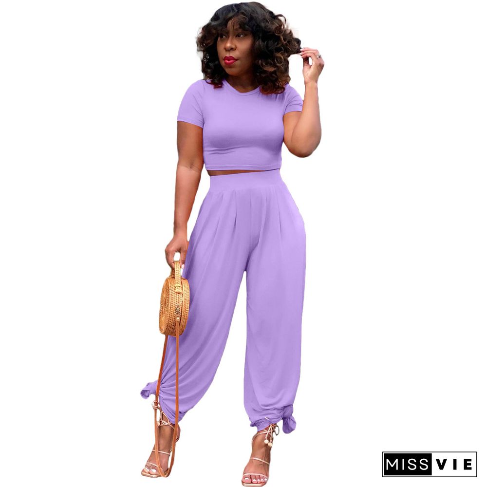 Summer Hot Plus Size Solid Short Sleeve O Neck Crop Tops Wide Leg Pants Women Casual Two Piece Set