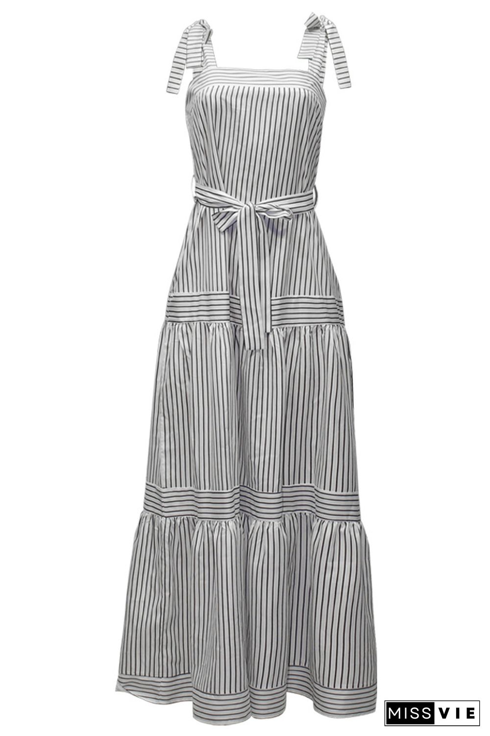 White Pin Striped Spaghetti Strap Tiered Maxi Dress