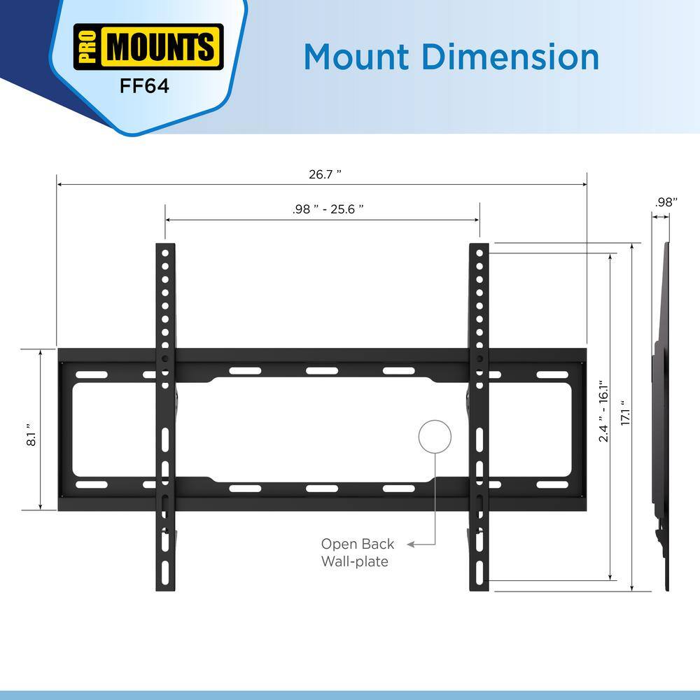 ProMounts Large Slim TV Wall Mount for 42-80 in. 165lbs. VESA 200x200 to 600x400 ff64