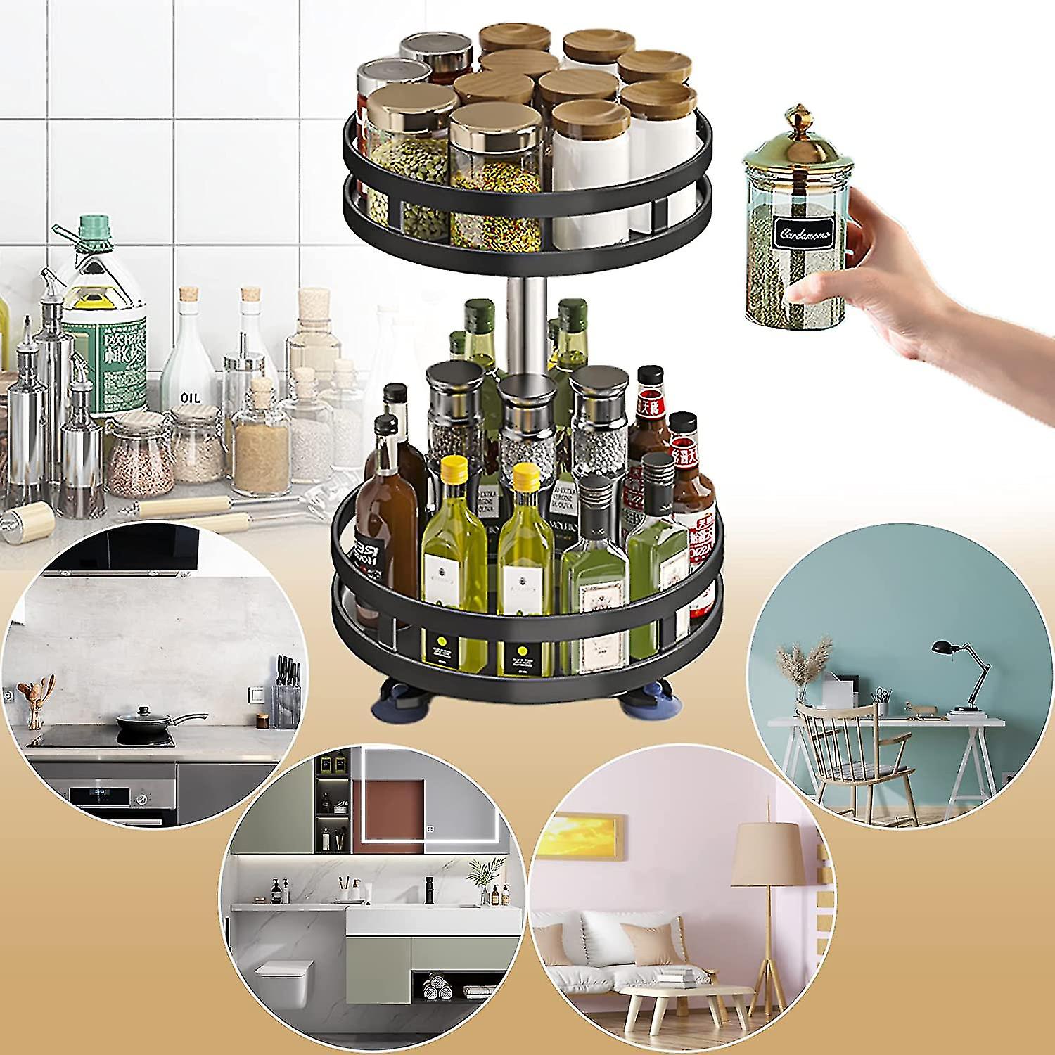 Spices Rack，2 Layer Turntable 360 Rotating Steel Condiment Holder Storage Seasoning Organizer For Kitchen Countertop Cupboard