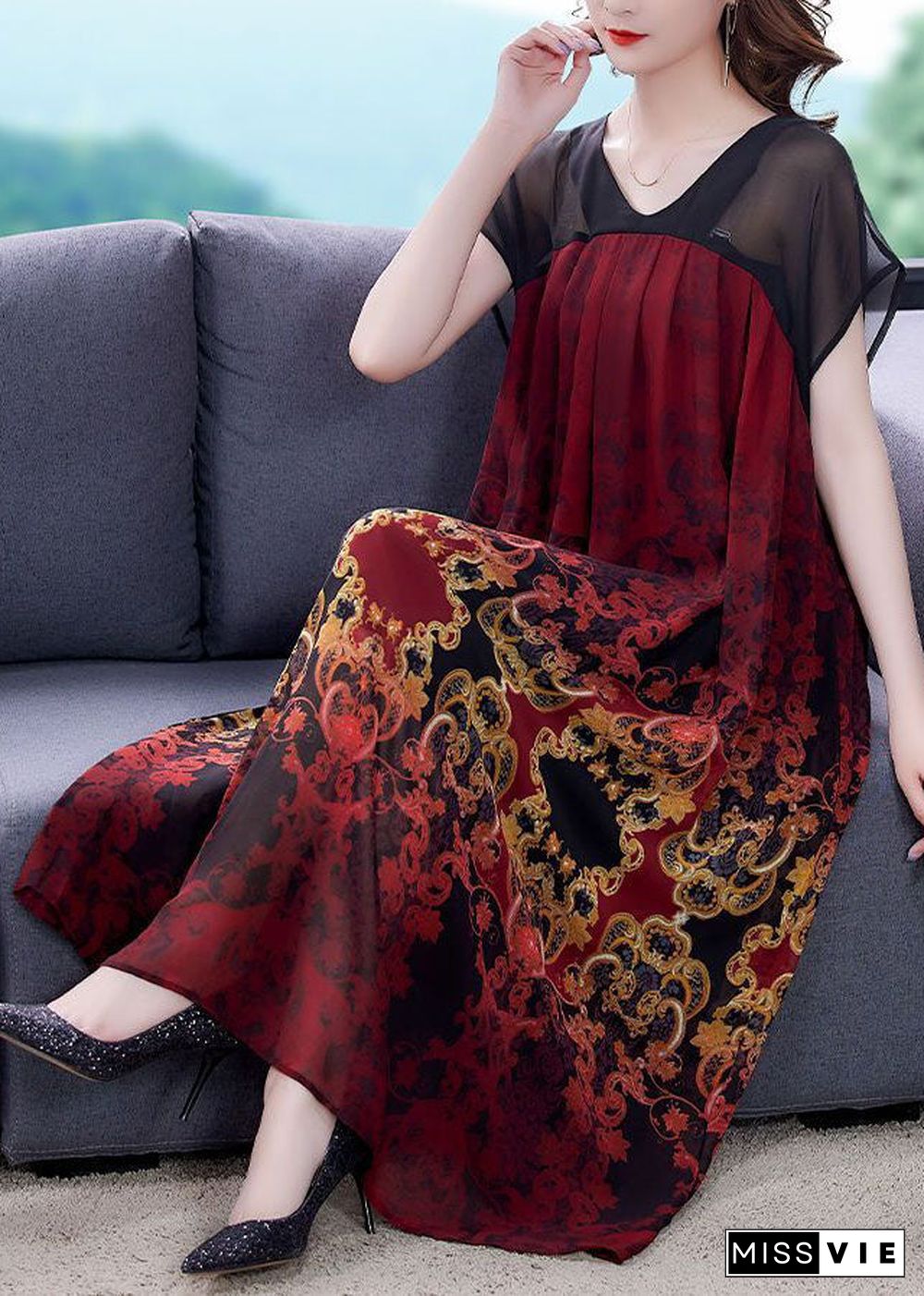 Red Patchwork Chiffon Vacation Dresses Exra Large Hem Print Summer