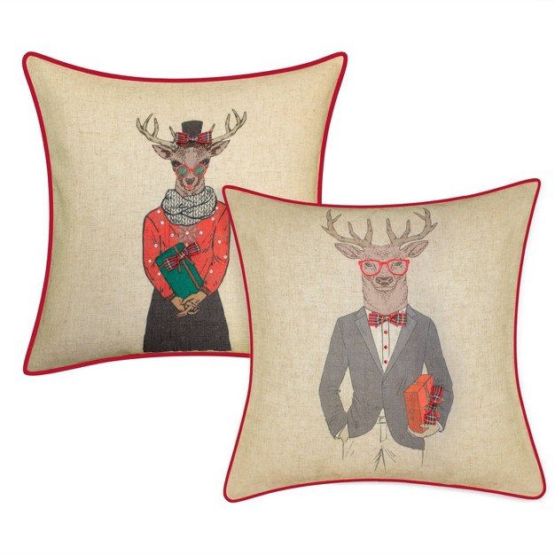 Reindeer Girlfriend Plaid Square Throw Pillow Natural red Edie home