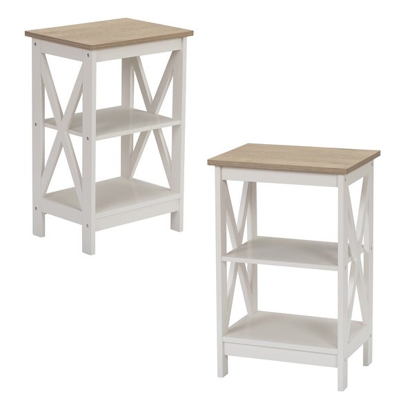 Set of 2 End Table， 3-Tier Wood Nightstand Side Table with X-Design Side for iving Room， Bedroom， Ivory White