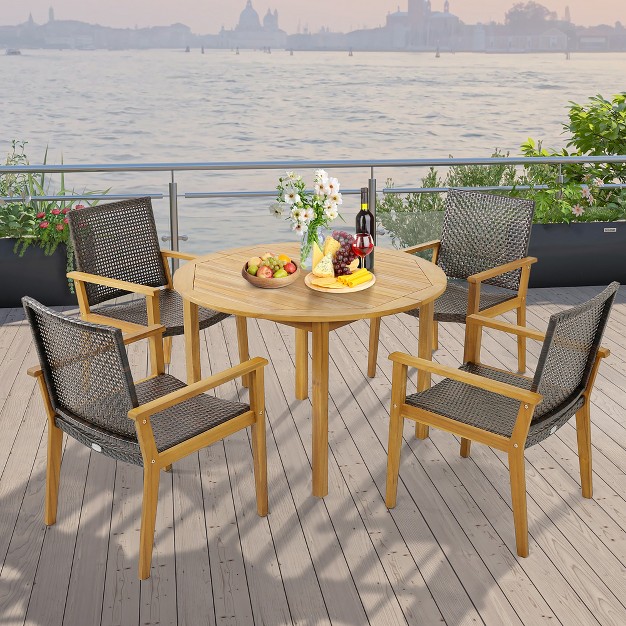 Tangkula Outdoor Rattan Chair Set Of 4 Patio Pe Wicker Dining Chairs W Sturdy Acacia Wood Frame