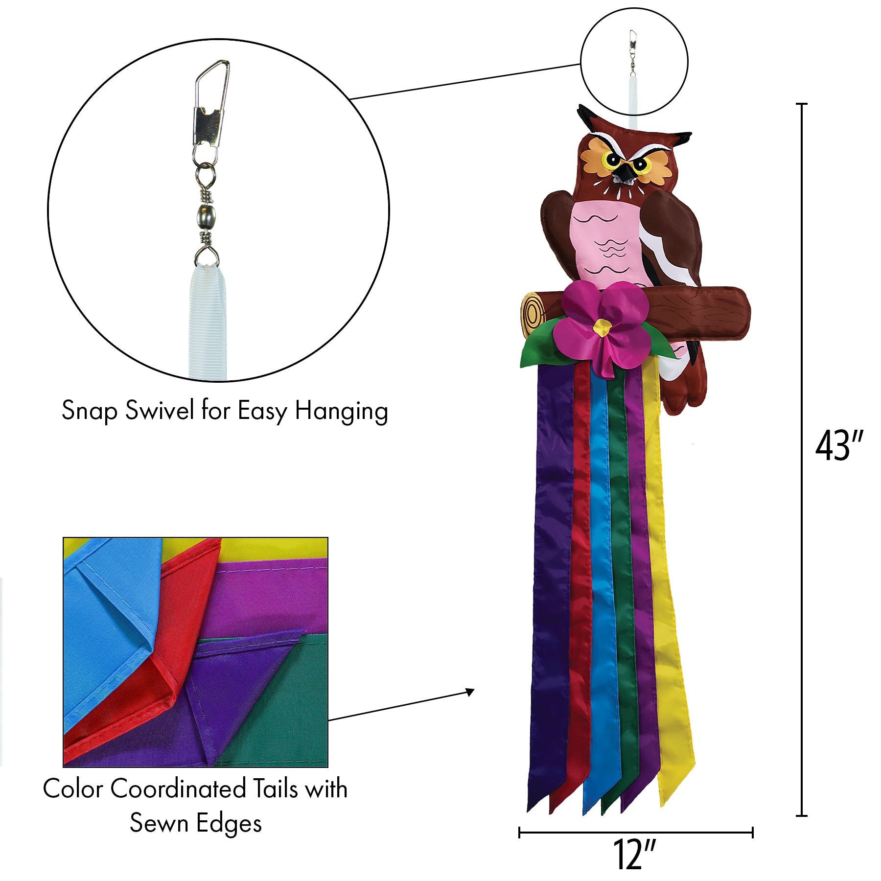 In the Breeze 4626 — Woodland Owl Windtail — Colorful and Detailed Hanging Garden and Patio Decoration