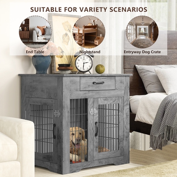 Mieres Double Door Wooden End Table Dog Crate with Double Doors， Indoor Pet Kennel Side Table with Storage Drawer