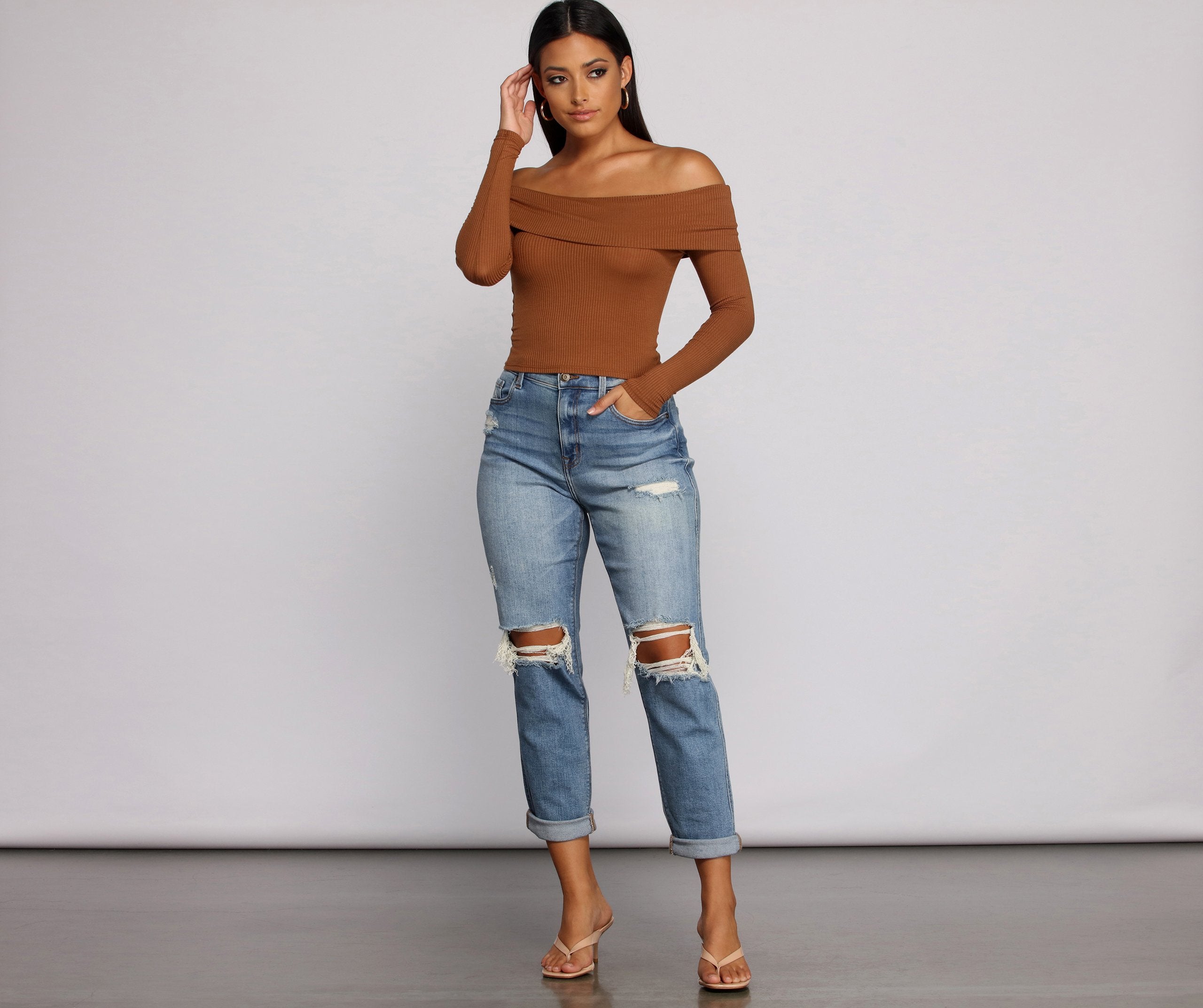 Ribbed Off The Shoulder Fold-Over Top