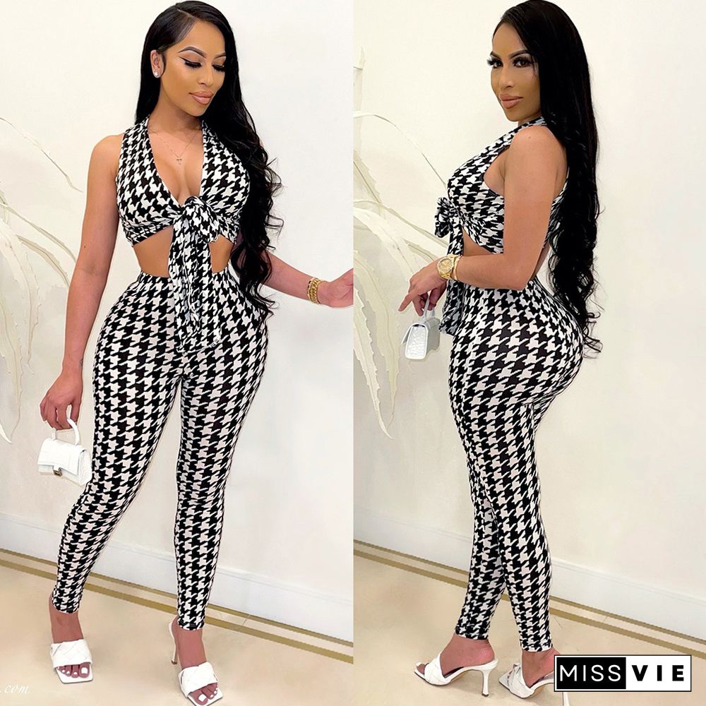 Sexy Plaid V Neck Bandage Sleeveless Crop Top Skinny Long Pants Women Clothes Trendy Summer 2 Piece Set