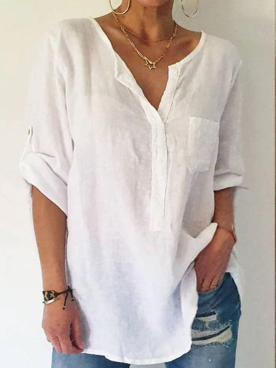 Round Neck Casual Loose Solid Color Long-sleeved Blouse