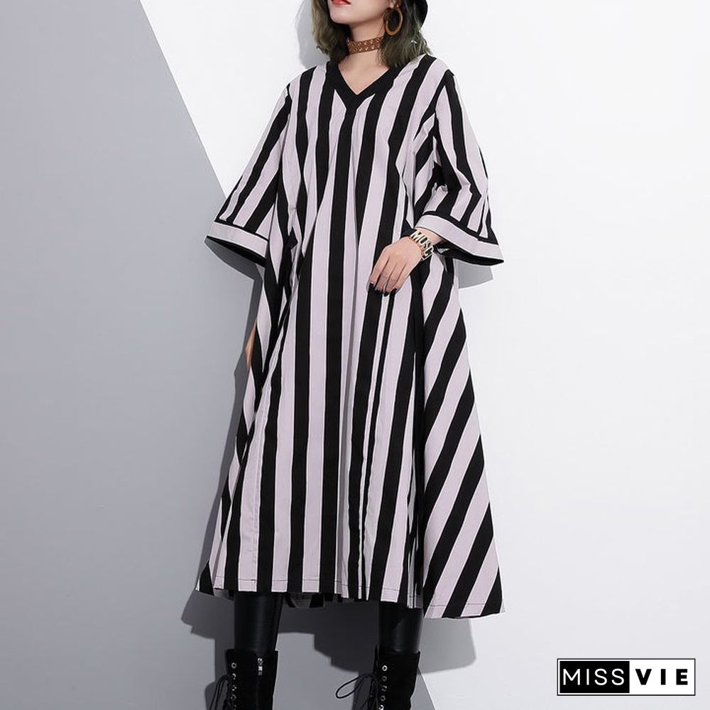 fashion striped cotton caftans Loose fitting tie waist cotton maxi dress fine v neck cotton caftans