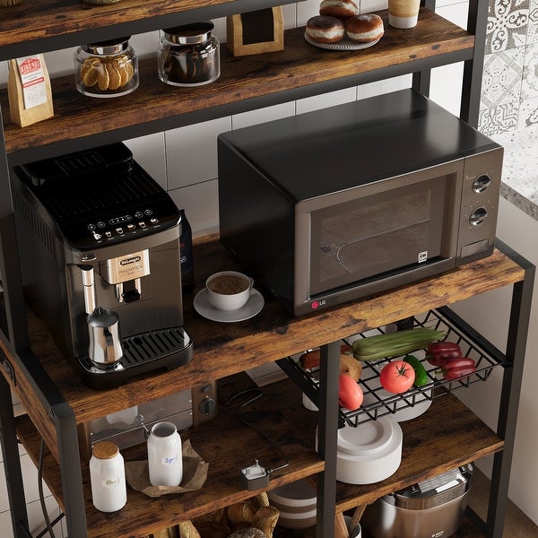 Bakers Rack with Power Outlet， Microwave Stand， Coffee Bar Table Station with Metal Wire Panel