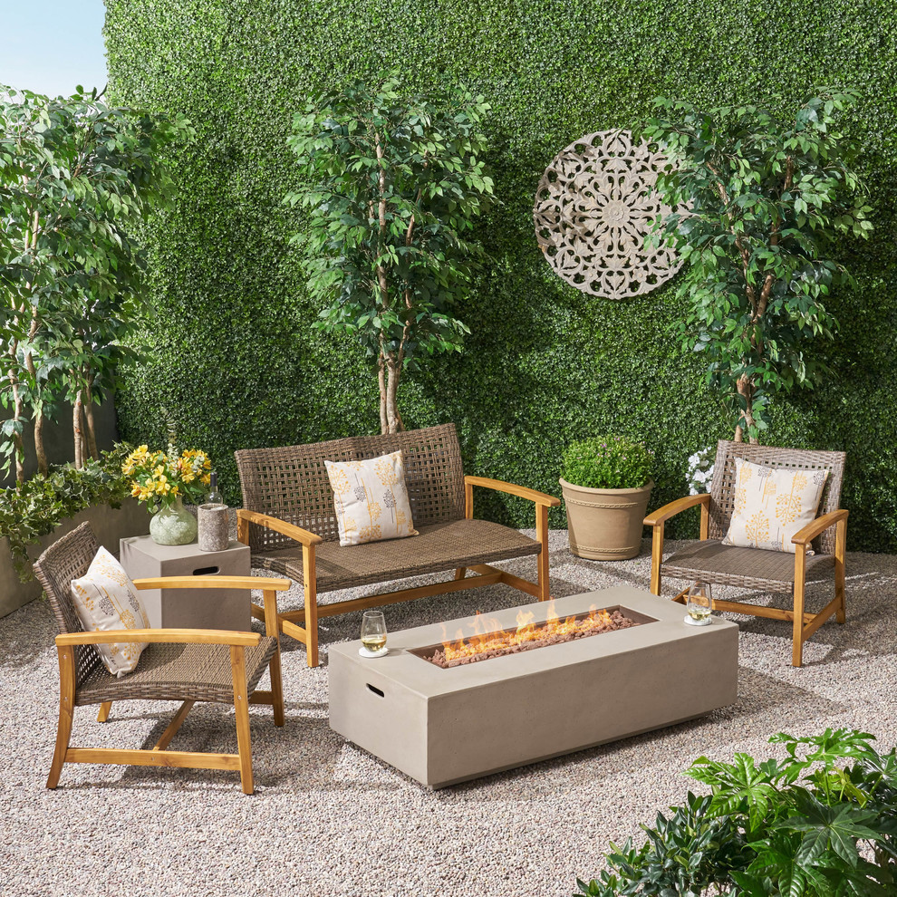 iso Outdoor 5 Piece Wood and Wicker Chat Set with Fire Pit   Tropical   Outdoor Lounge Sets   by GDFStudio  Houzz