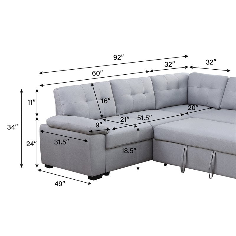 Alexent 5-Seat Modern Fabric Sleeper Sectional Sofa with Storage in Ash