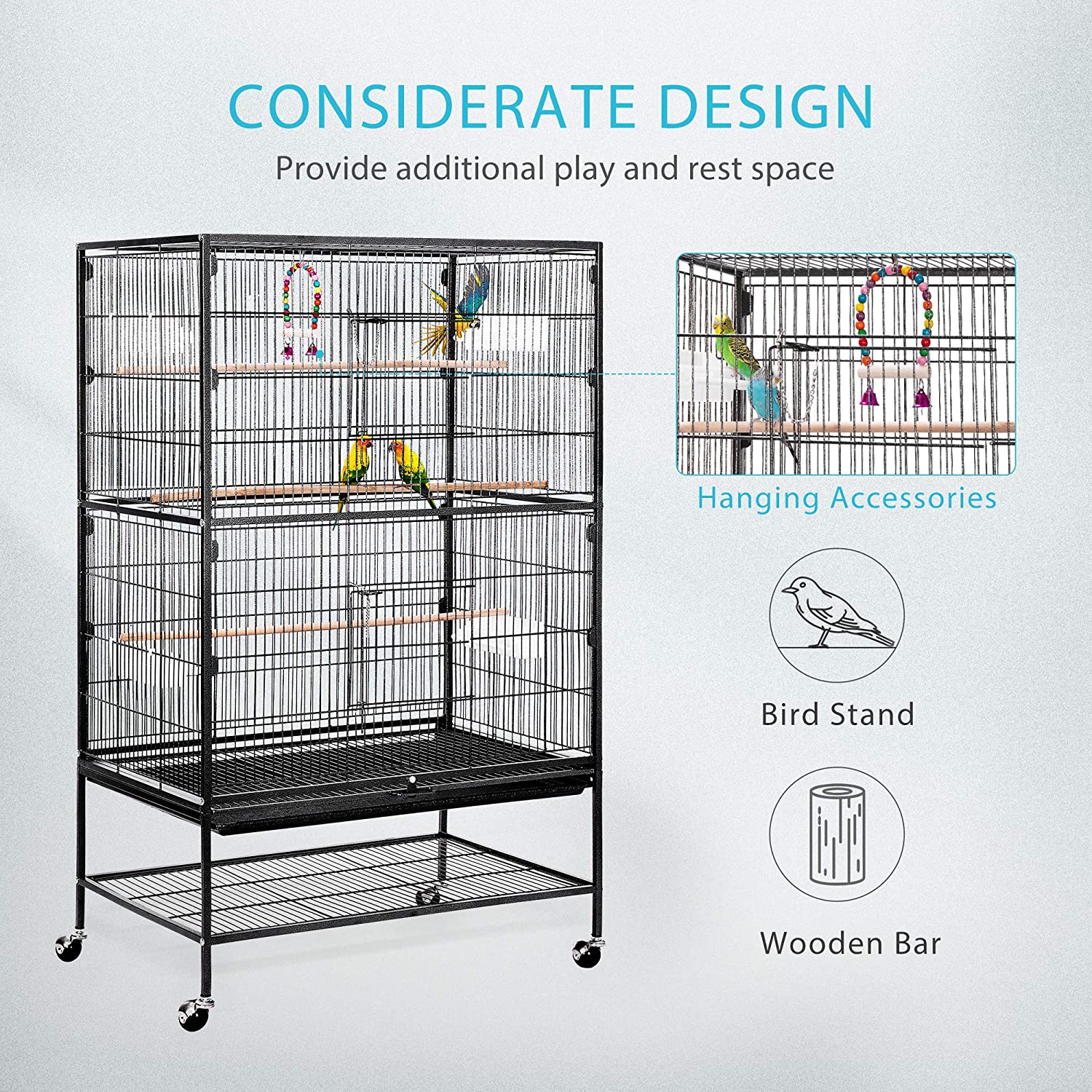 VIVOHOME 53 Inch Wrought Iron Large Bird Cage with Rolling Stand for Parrots Conures Lovebird Cockatiel Parakeets