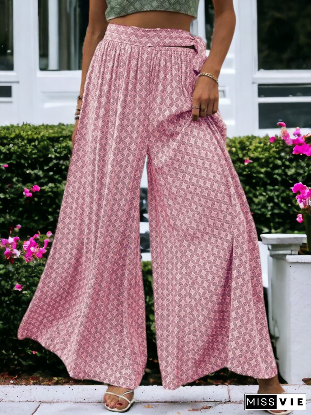 Printed High Waisted Wide Leg Breathable Loose Waist Wrap Pants