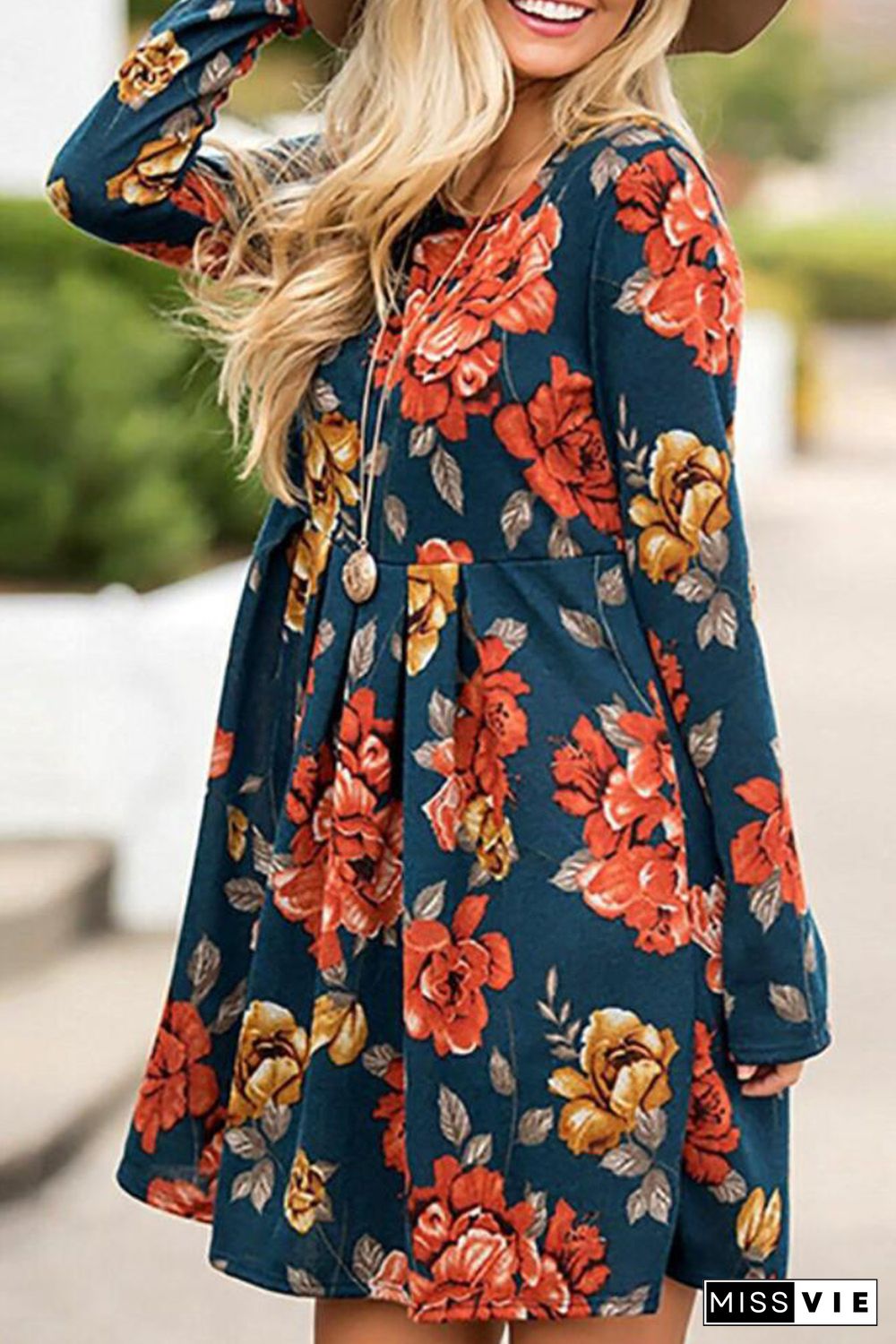 Blue Floral Pleated Long Sleeves Dress