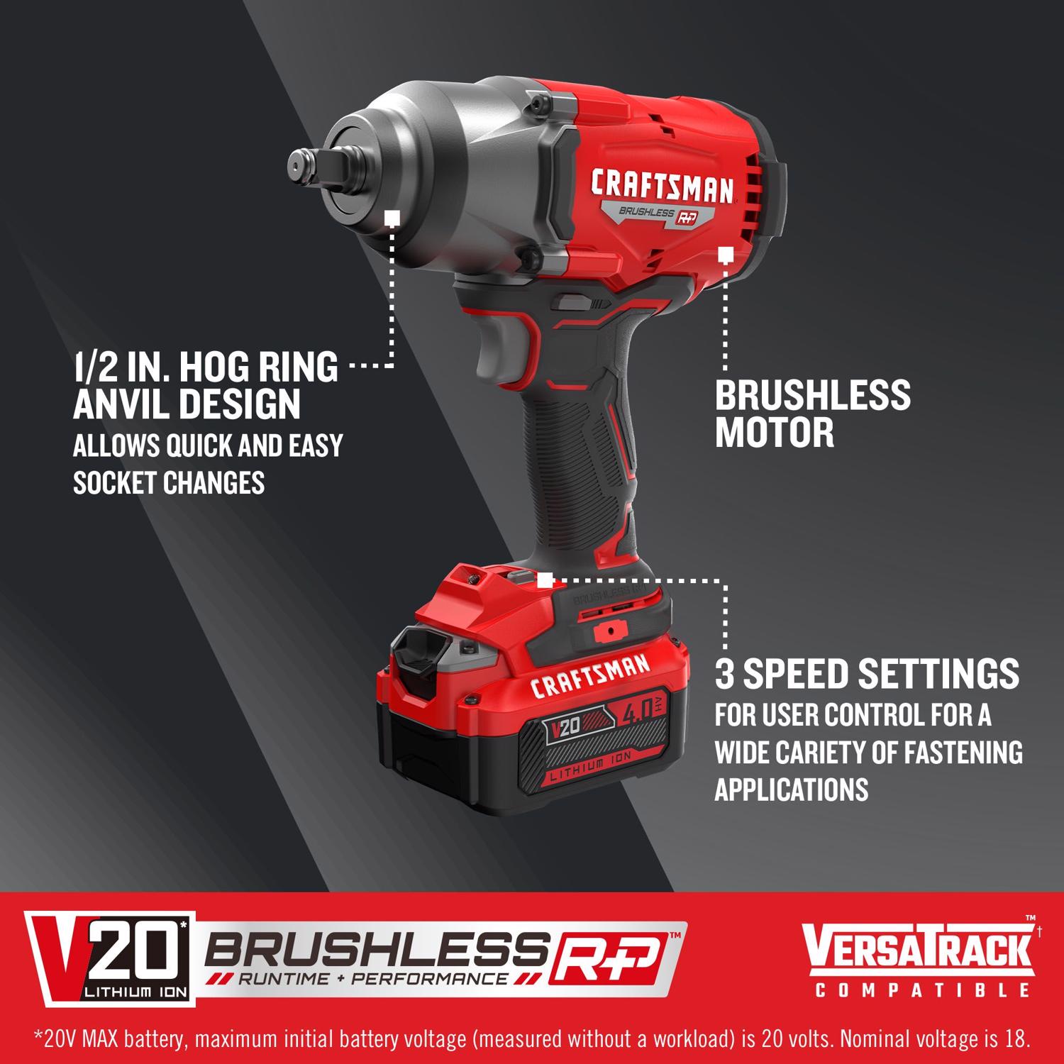 Craftsman 20 V 1/2 in. Cordless Brushless Impact Wrench w/Hog Ring Kit (Battery \u0026 Charger)