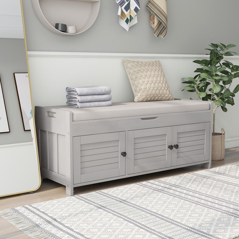 Unique Storage Bench with 3 Shutter shaped Doors and Removable Cushion  Grey