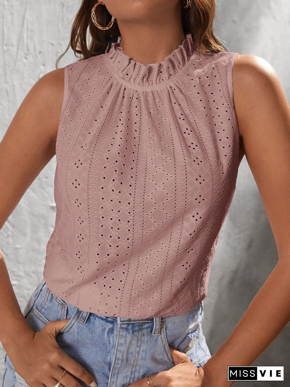 Eyelet Pattern Frill Collar Sleeves Tank Top