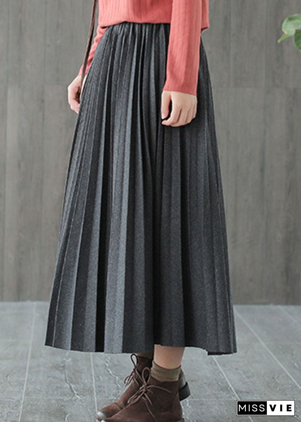 Italian Grey Black Casual Woolen Pleated Fall Skirts