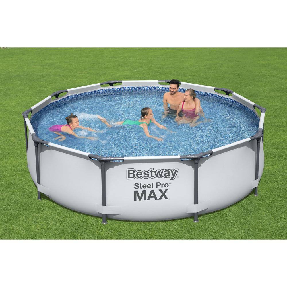 Bestway 10 ft. Round 30 in. D Steel Pro Hard Side Frame Above Ground Family Swimming Pool Set 56407E-BW