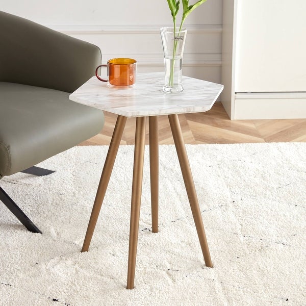 Modern White Faux Marble End Table， Hexagon Side Table， Small Accent Coffee Table with Metal Legs