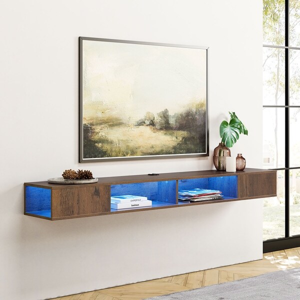 Floating Wall Mounted TV Stand with Storage， Brown， 70 Inch