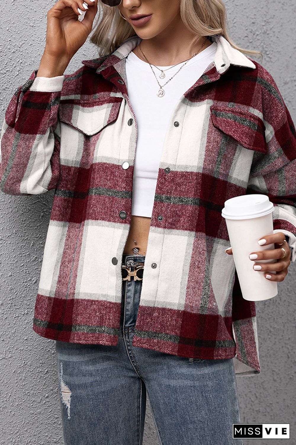 Plaid Turn Down Neck Button Down Shacket Jacket Women Wholesale