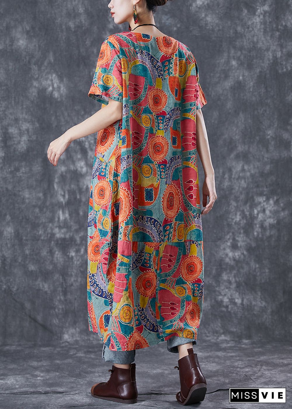 Fitted Orange Oversized Print Linen Maxi Dresses Summer