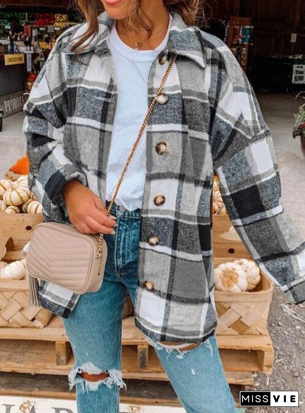 Long Sleeve Lapel Loose Plaid Shirt Jacket