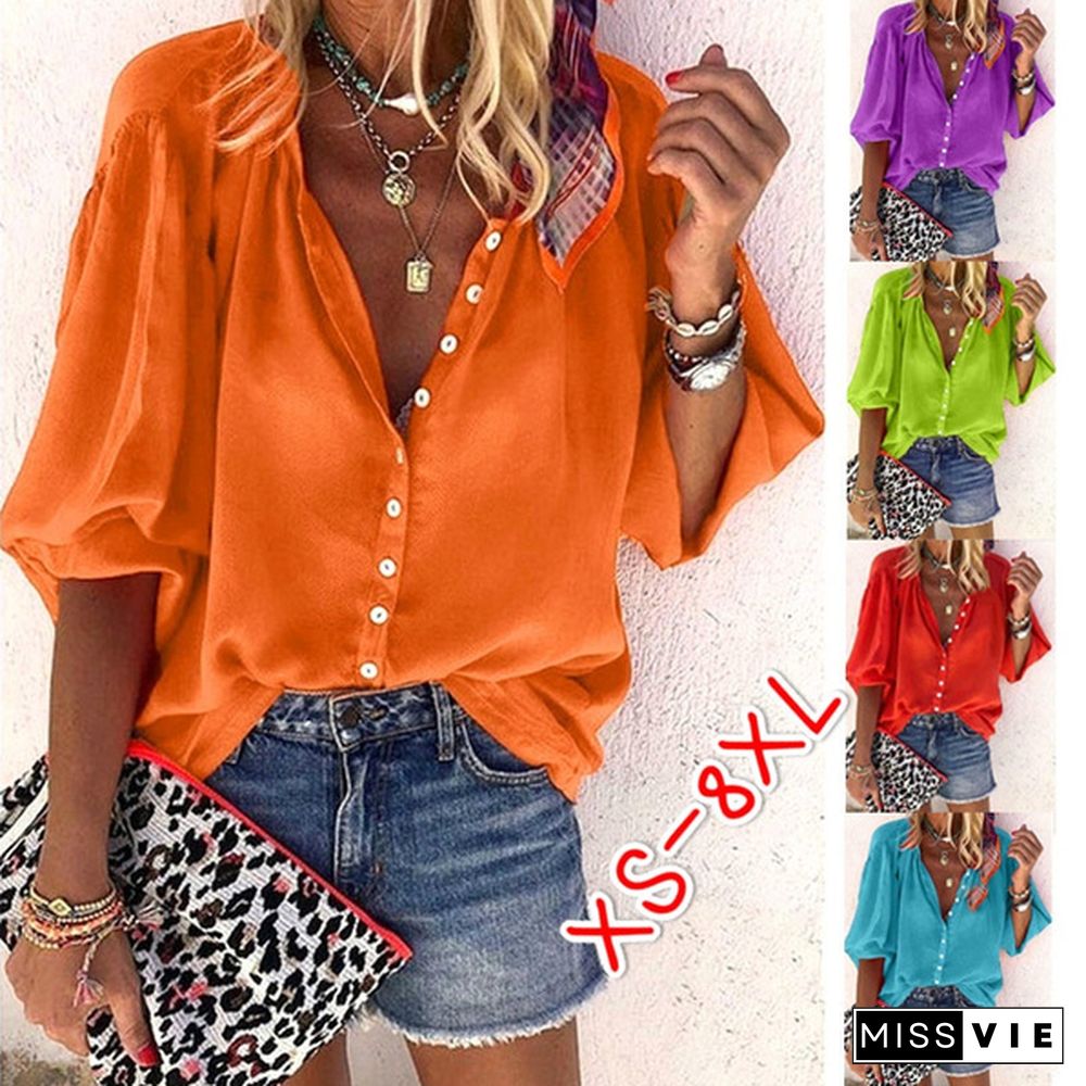 Plus Size Fashion Tops Summer Clothes Women's Causal Long Sleeve Shirts Solid Color Loose T-shirts Ladies Deep V-neck Chiffon Blouses