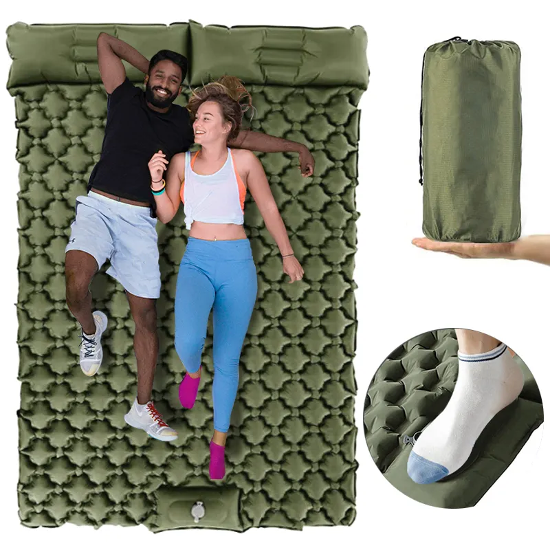 Two person Wide Inflatable Sleeping Pad Self inflating Double camping Mattress  Ultralight Outdoor Twin Air Bed with Pillow