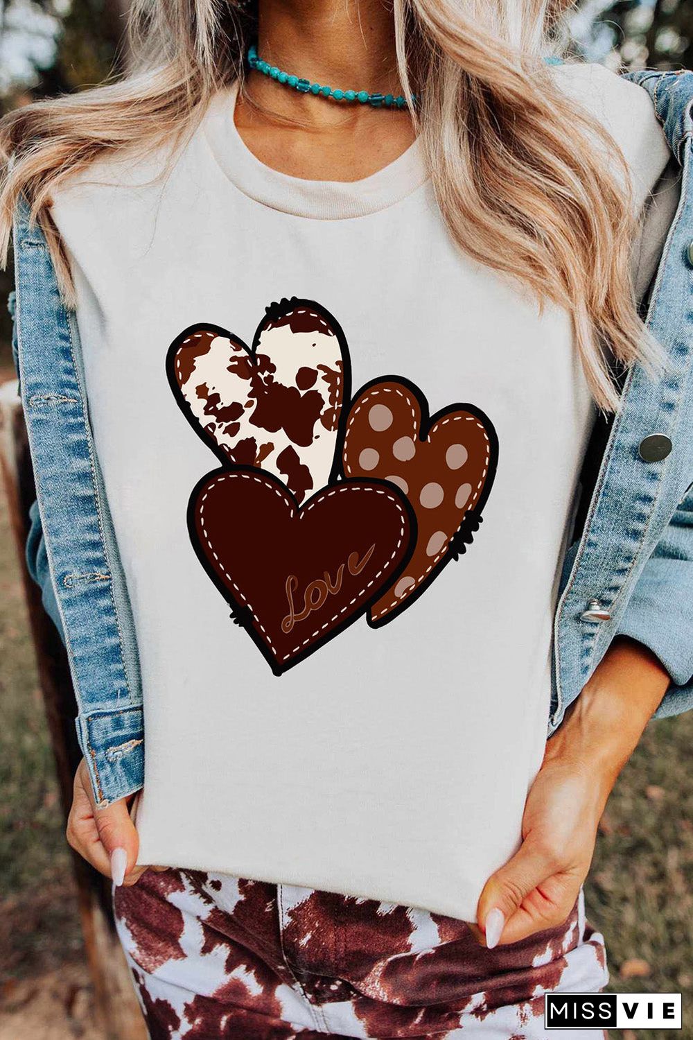 White Valentine'S Western Fashion Day Heart Print T-Shirt