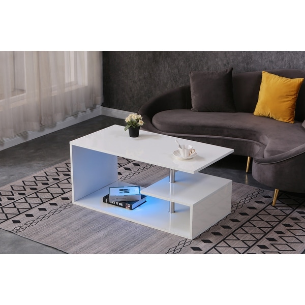 LED Coffee Table for Living Room， Modern Coffee Table， High Gloss White Finish Centre Sofa Table