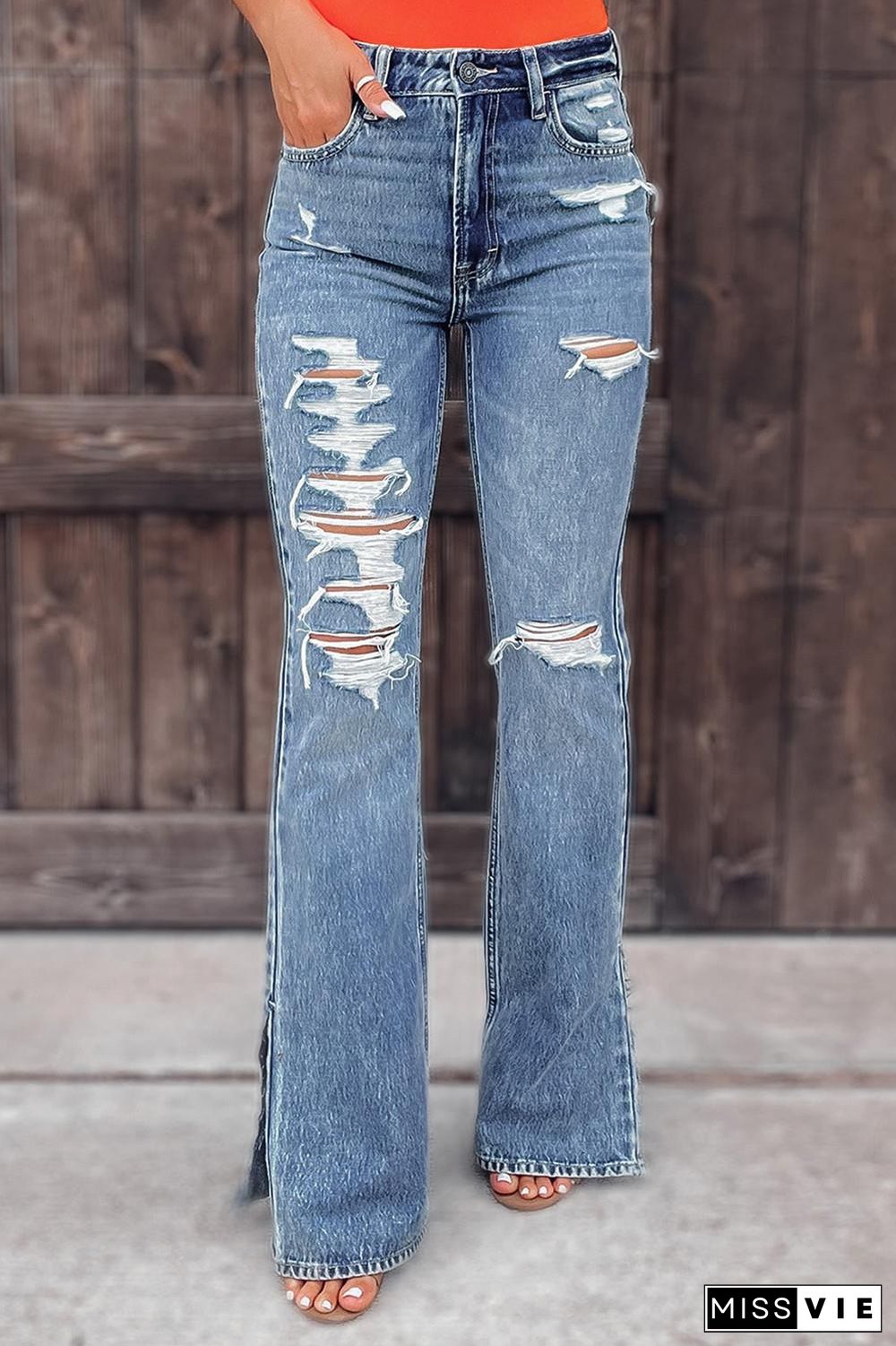 Women's washed ripped flared jeans