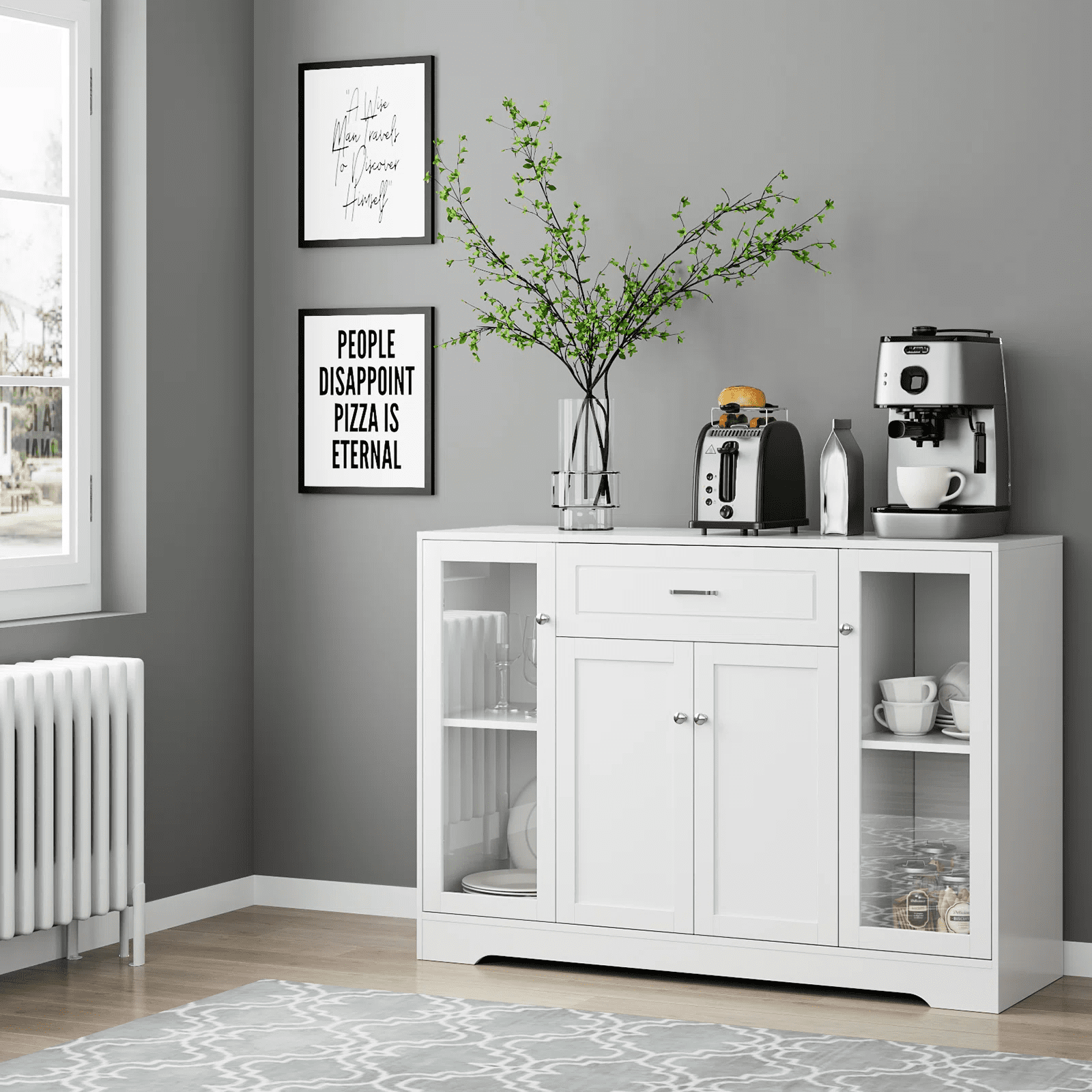 Homfa Storage Cabinet with Glass Door, 47.2"W Wooden Cupboard Kitchen Buffet Sideboard with Drawer, White